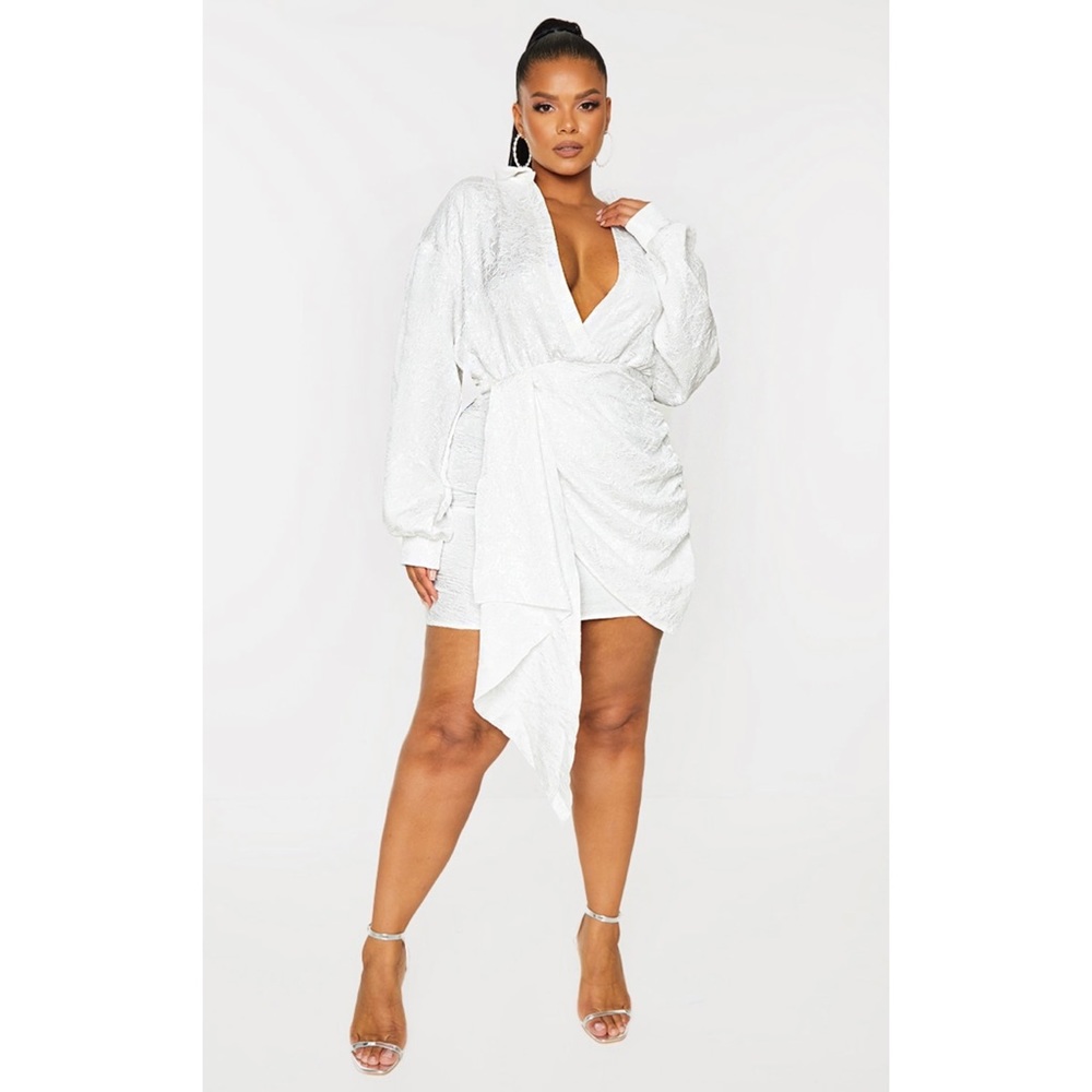PrettyLittleThing White Textured Floral Wrap Dress
